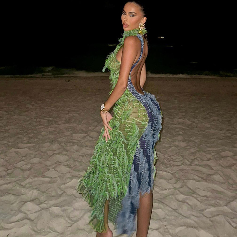 Tassel See Through High Neck Midi Dress Women Sexy Patchwork Halter Backless Sleeveless Irregular Party Prom Long Green Dresses