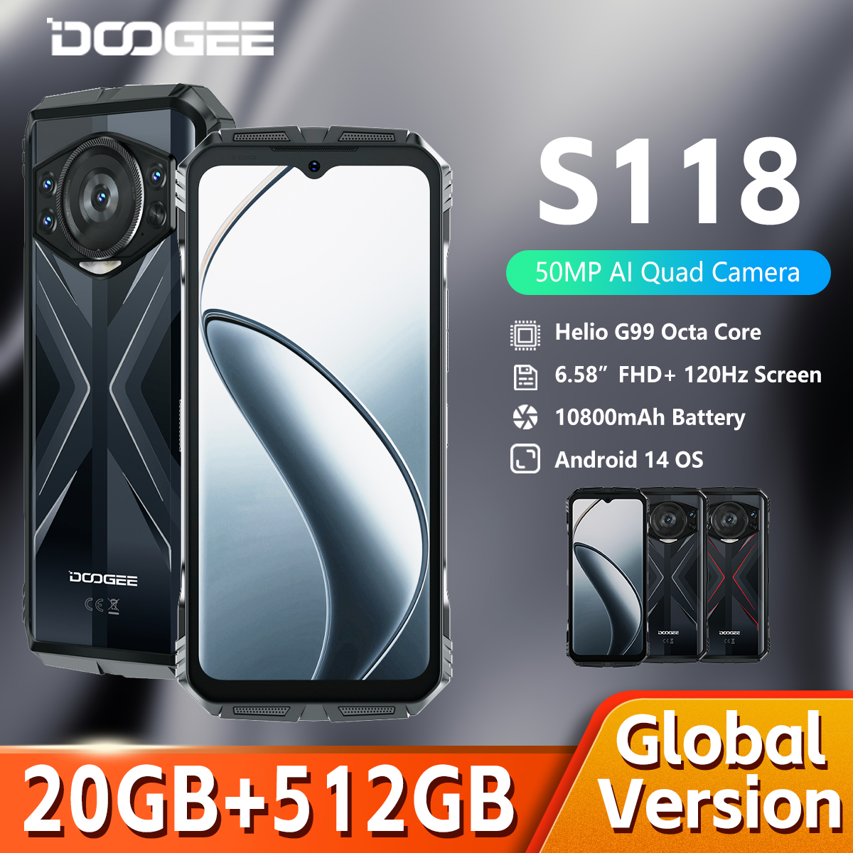 [Estreia mundial] DOOGEE S118 Smartphone robusto 20GB (8 + 12GB estendido) 6,58 "FHD + tela Helio G99 10800mAh 50MP AI Camera NFC