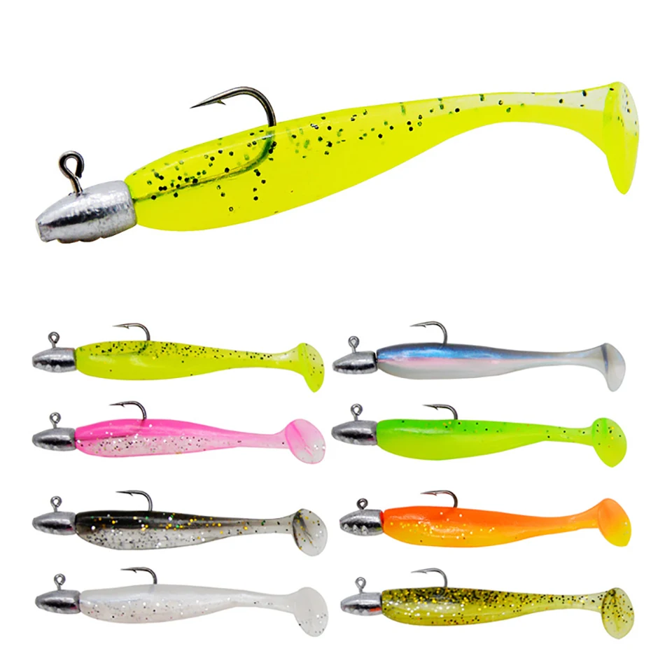5 unids/lote cebo de Pesca suave con cola en T combinado con anzuelos de cabeza de anzuelo Wobblers artificiales Swimbait aparejos de Pesca para Lucio Pesca