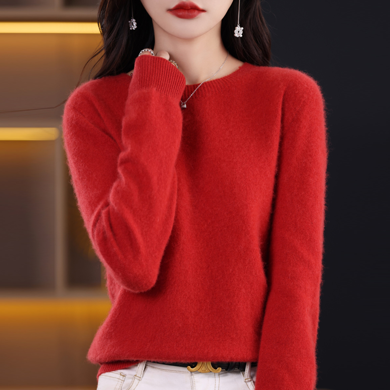 Pulôver de malha casual feminino, suéter de lã 100% pura, manga comprida, top básico com gola redonda, macio e quente, quente, outono e inverno