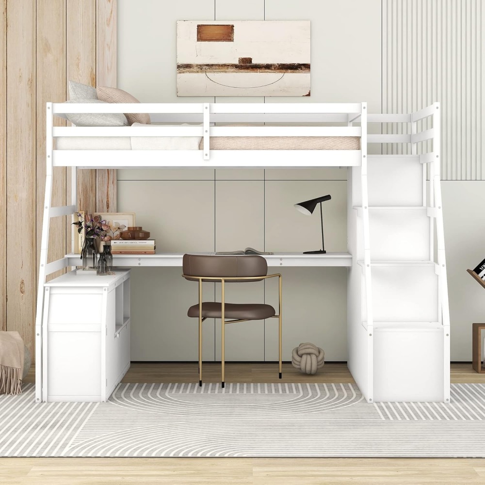 Twin Loft Bed. Twin Loft Bed with Stairs &Desk, Wood Loft Bed Frame with Storage Drawers and Cabinet,High Bed with Storage