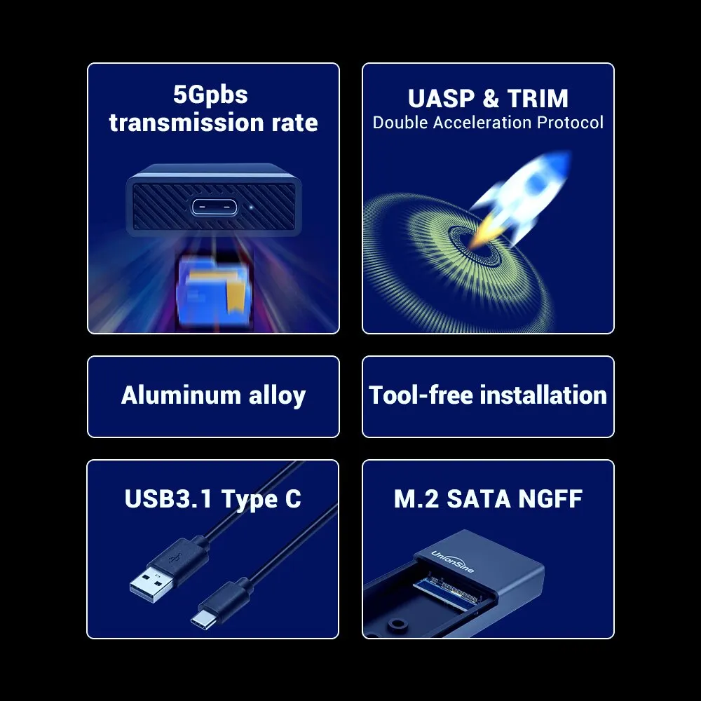 UnionSine M2 SSD ケース NGFF SATA プロトコル M.2 - USB タイプ C 3.1 SSD アダプター SATA NGFF PCIe SSD ディスクボックス M.2 SSD エンクロージャー用