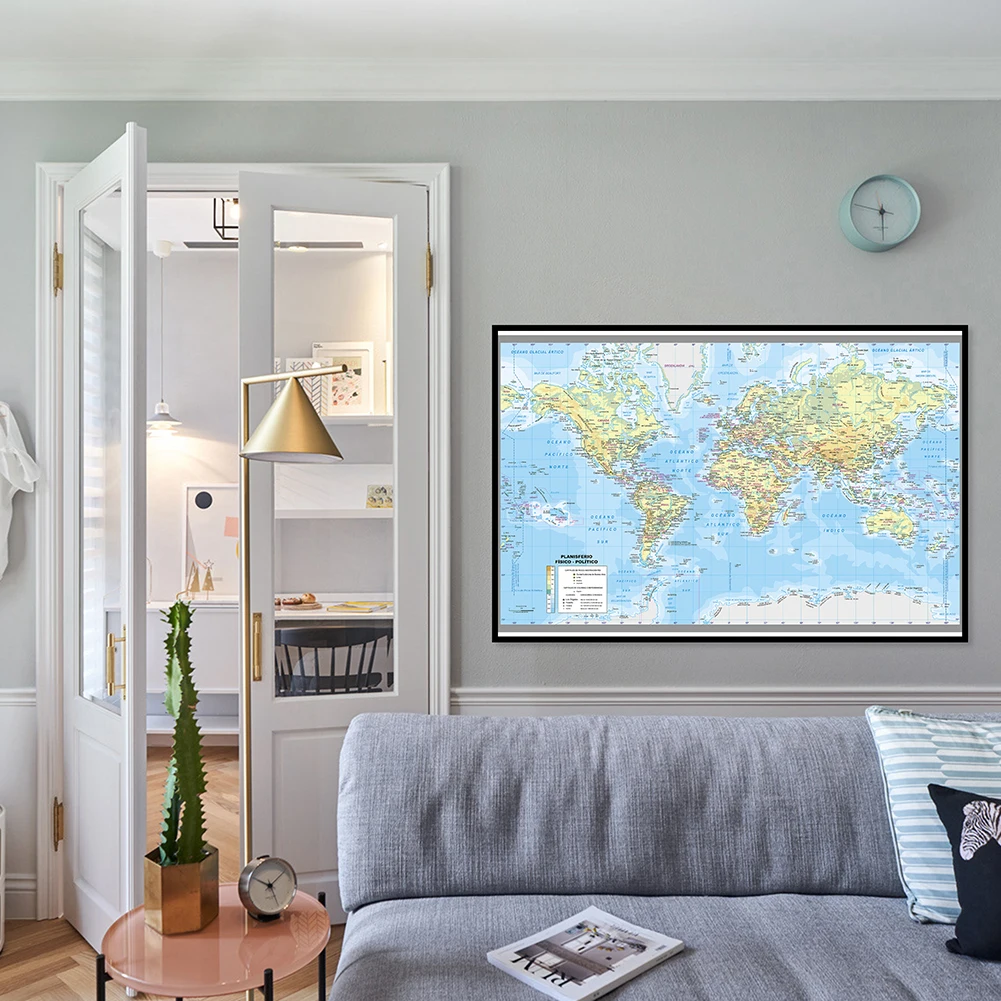 1pc 59x42cm Vinyl World Map Poster in Spanish Background Wall Decor Canvas Print Bedroom Office School Educational Supplies