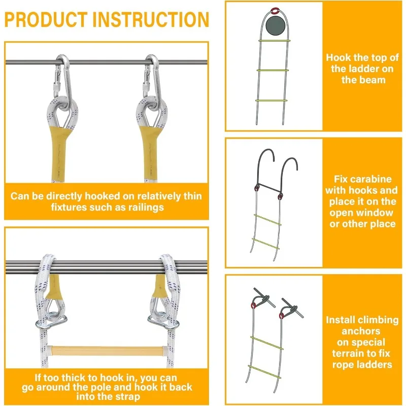 Fire Escape Ladder Flame Resistant Safety Extension Rope Ladder with 2 Hooks, 3 to 7 Story Homes Reusable Compact Portable