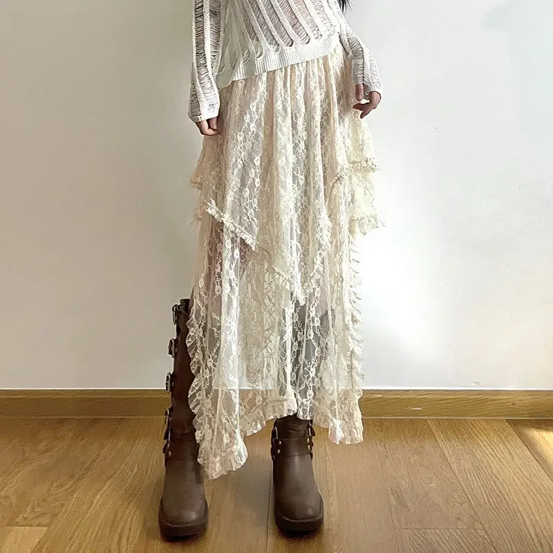 Deeptown-Falda asimétrica de encaje para mujer, faldas de cintura alta, Estilo Vintage, Y2K, bohemio, a la moda, para vacaciones