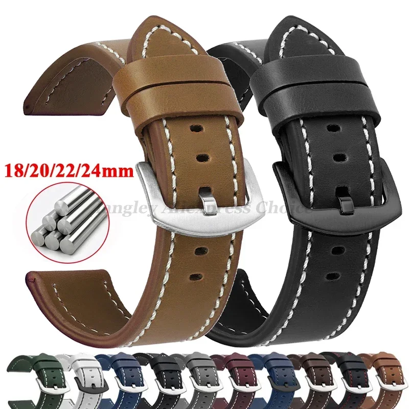 Correa de reloj de cuero Vintage para Seiko, hebilla de acero inoxidable, accesorios de reloj deportivo para hombres y mujeres, 18mm, 20mm, 22mm y 24mm