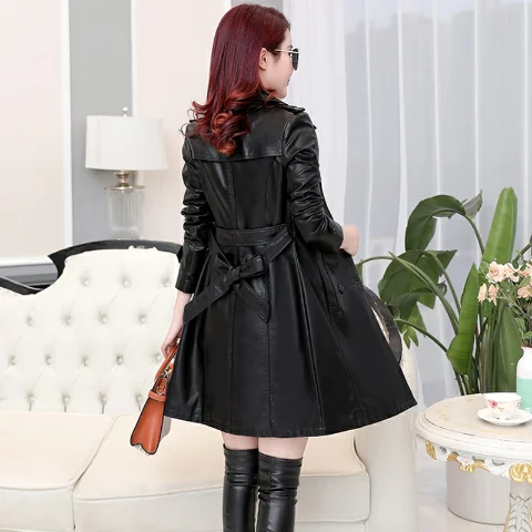 トップコンパウンドラムスキンレザージャケット女性フリーウォッシュ PU 女性服トレンチロングフェイクファーコートストリートカサカパラ mujer