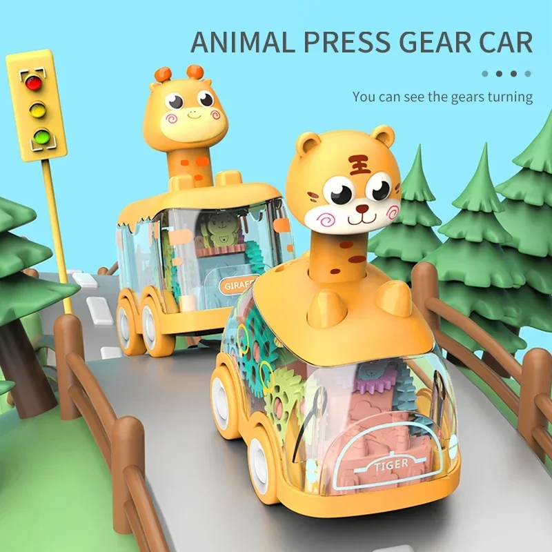 Press Gear Car Toy para crianças, puxar, puzzle inercial, animais, menino
