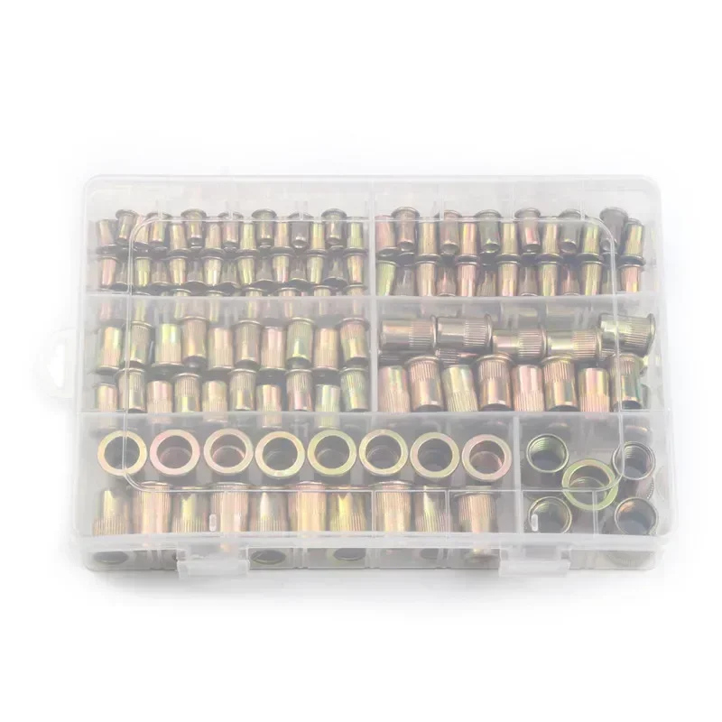 210/165/100PCS Box Nietmuttern Kohlenstoffstahl M4 M5 M6 M8 M10 M12 Flachkopf Nietmuttern Set Hardware Multi Größen Einsatz Nietmuttern