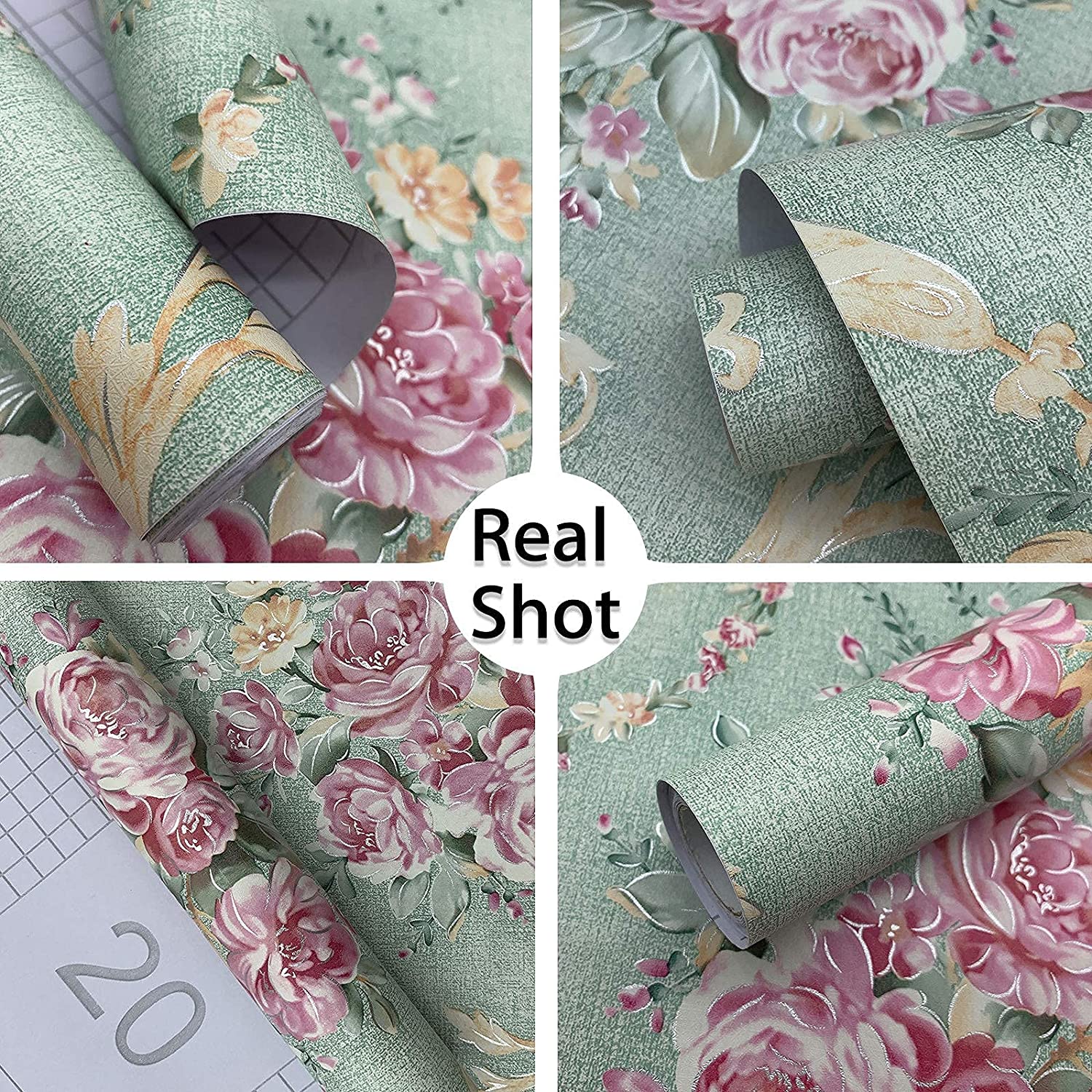 Papel de parede floral verde, casca e bastão, retrô, flor florescendo, vintage, papel de contato, backsplash, removível, autoadesivo