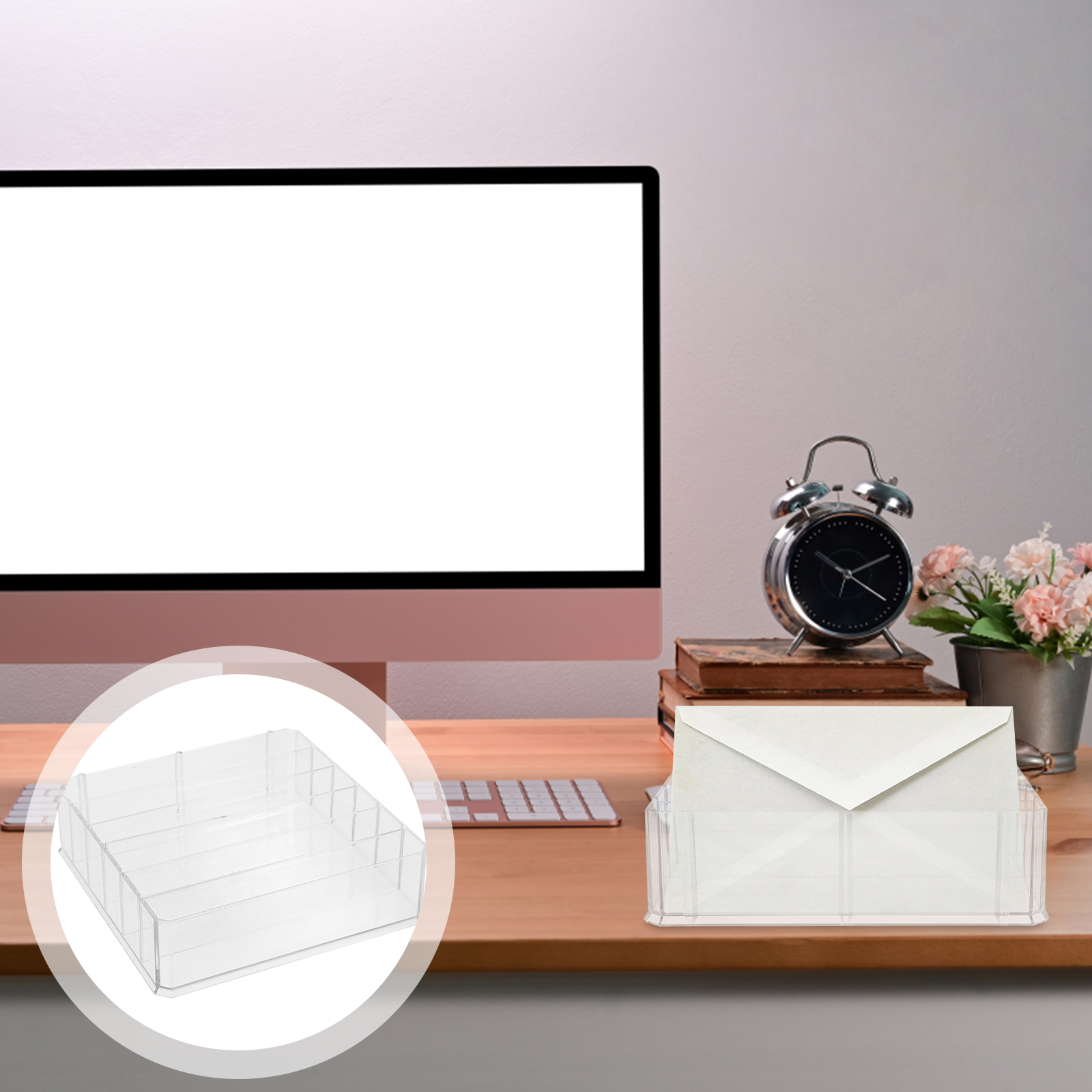 กล่องเก็บเงินสดเดสก์ท็อปแฟ้มOrganizerตั๋วกรณีเครื่องคิดเลขผู้ถือถังพร้อมฝาปิดอะคริลิคช้อนส้อม