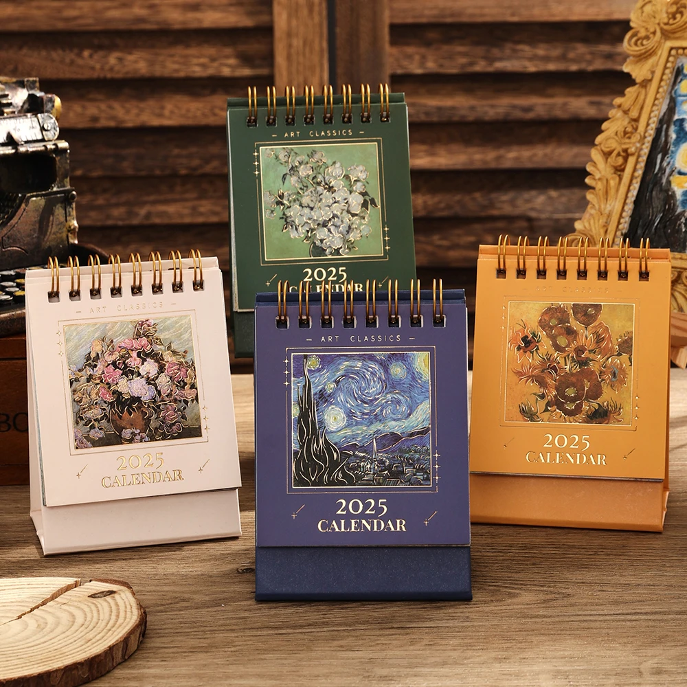 1 pc 2025 Vintage Mini Bronzing Painting Desk Calendar Tabletop Flip Monthly Calendar Student Notepad Schedule Planner Calendar