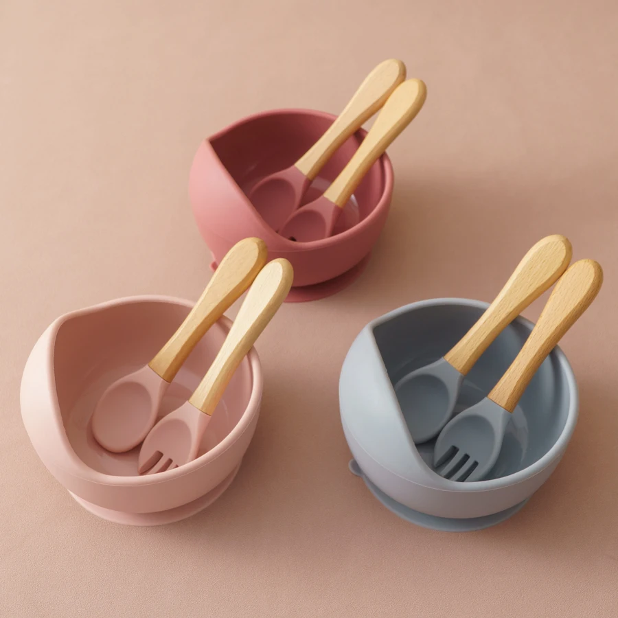 3 pçs silicone conjunto de tigela de alimentação do bebê pratos de aprendizagem do bebê tigela de sucção conjunto colher de madeira garfo crianças utensílios de mesa coisas do bebê
