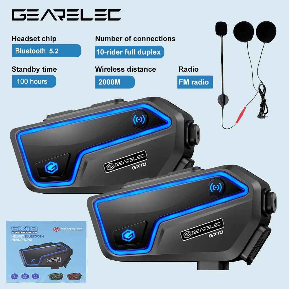 Gearelec gx10オートバイインターホンヘルメットBluetoothヘッドセット10人乗り2kmモトコミュニケーターインターホンfm音楽共有pk B4FM-X