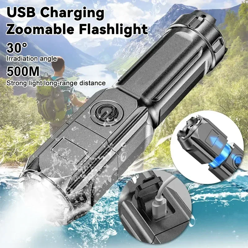 ไฟฉาย LED แบบพกพา ABS แสงที่แข็งแกร่งโฟกัสไฟฉาย USB ชาร์จกลางแจ้งบ้านแสงที่แข็งแกร่งไฟฉายกันน้ำ