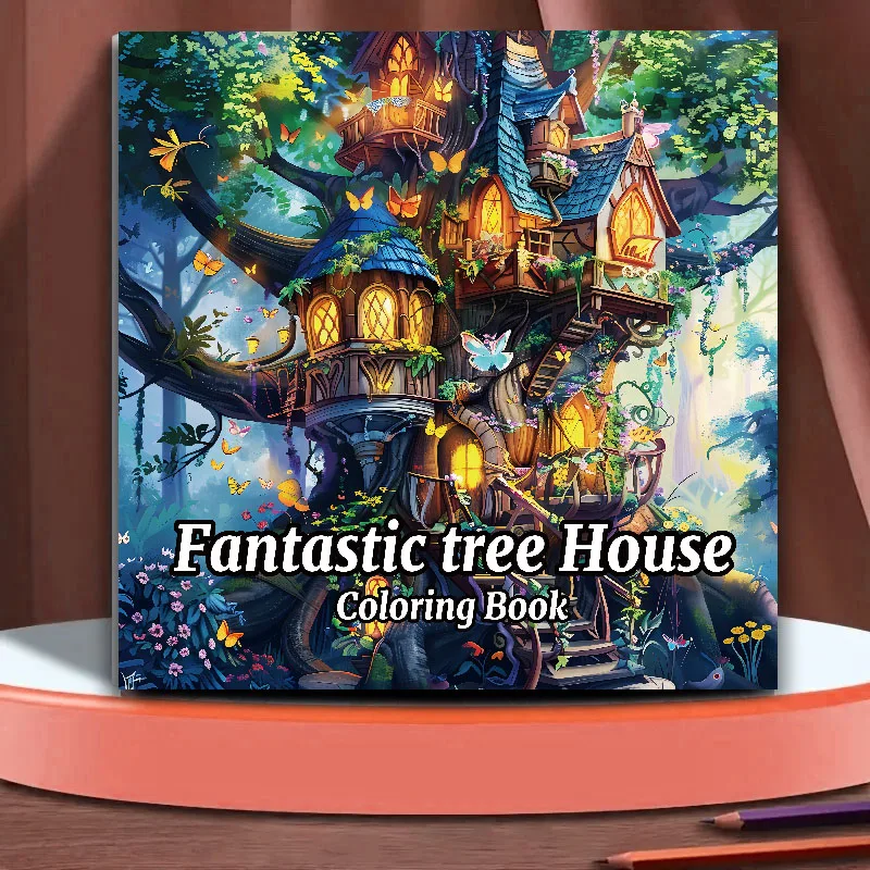 Libros ilustrados para adultos: libros para colorear Fantástica casa en el árbol, 20 páginas, el regalo perfecto para una fiesta artística con lápiz multicolor