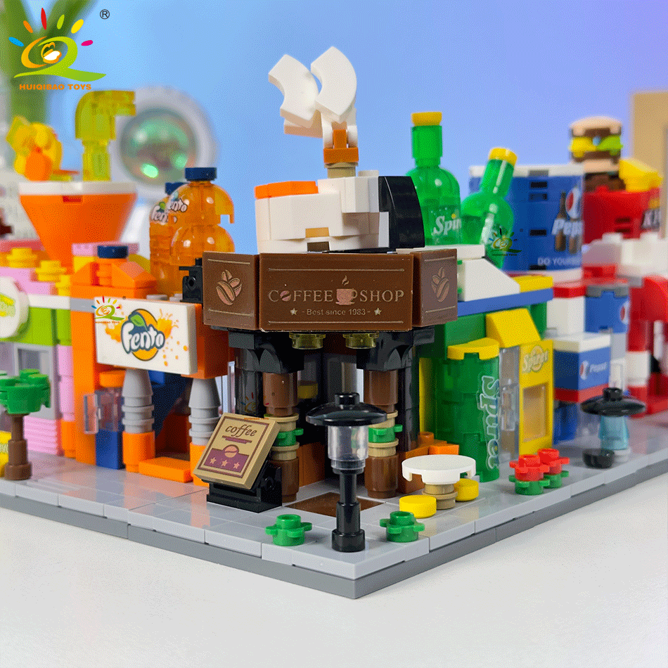 HUIQIBAO Moc City Street View Mini Building Blocks DIY City Commercial Street ร้านกาแฟปริศนาของเล่นบ้านเครื่องประดับตกแต่ง