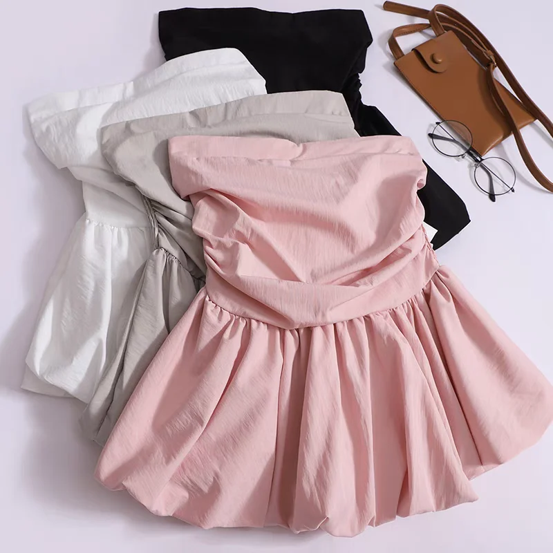 Camiseta sin mangas sin tirantes con hombros descubiertos, camisola ajustada plisada de tubo de Color sólido, verano, 2024