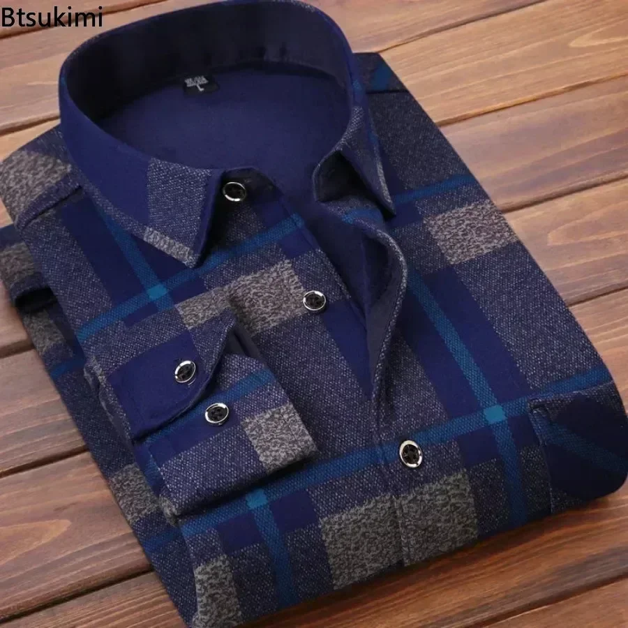 2025 Camisa a cuadros informal de manga larga para otoño e invierno para hombre, camisa gruesa y cálida informal de alta calidad, camisa cálida suave de talla grande, Tops 4XL