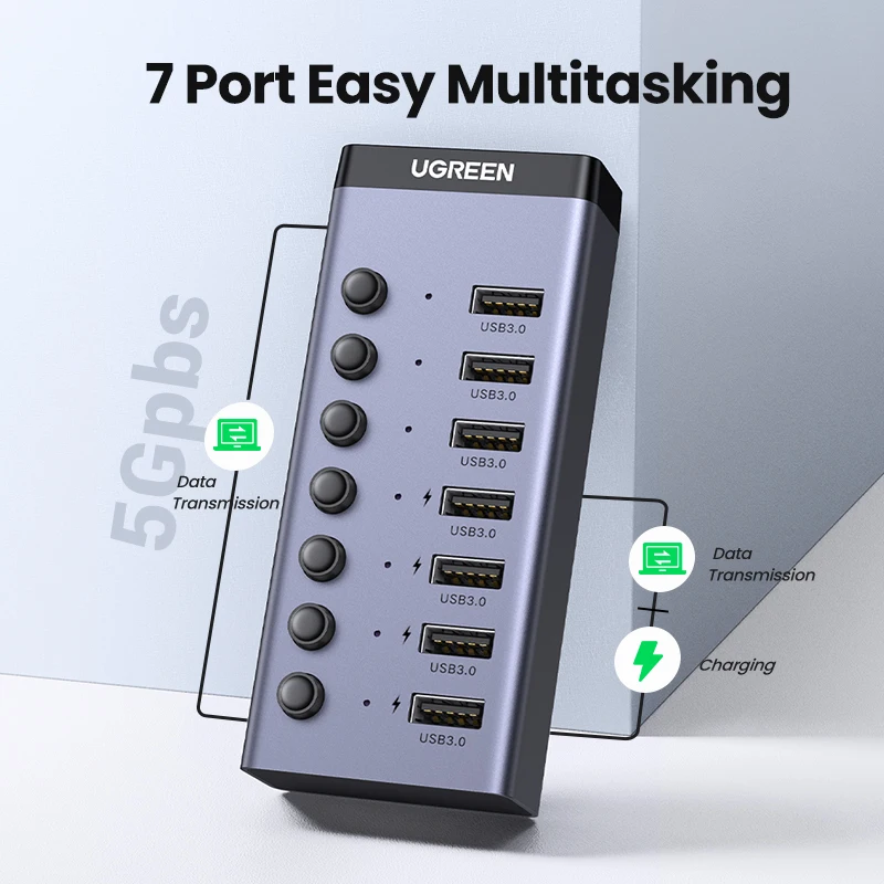 UGREEN USB-концентратор, 7 портов, USB3.0, разветвитель, 5 Гбит/с, с индивидуальным переключателем, адаптер питания для ПК, ноутбука, USB-порты, удлинитель, док-станция USB-C