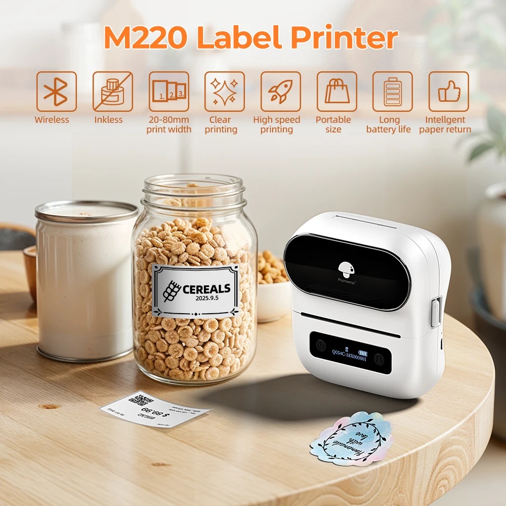 Phomemo M220 imprimante d'étiquettes 75mm fabricant d'étiquettes thermiques pour l'étiquetage d'adresse de code à barres étiquettes de dossier de fichier d'expédition pour téléphone et PC