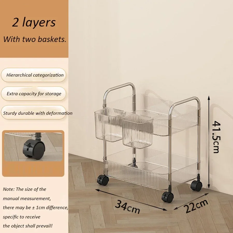 2/3/4 ชั้นหรูหรา Storage Rack รถเข็นอะคริลิคใส Rolling Cart ที่ถอดออกได้แขวนตะกร้าขนมชั้นวางหนังสือ