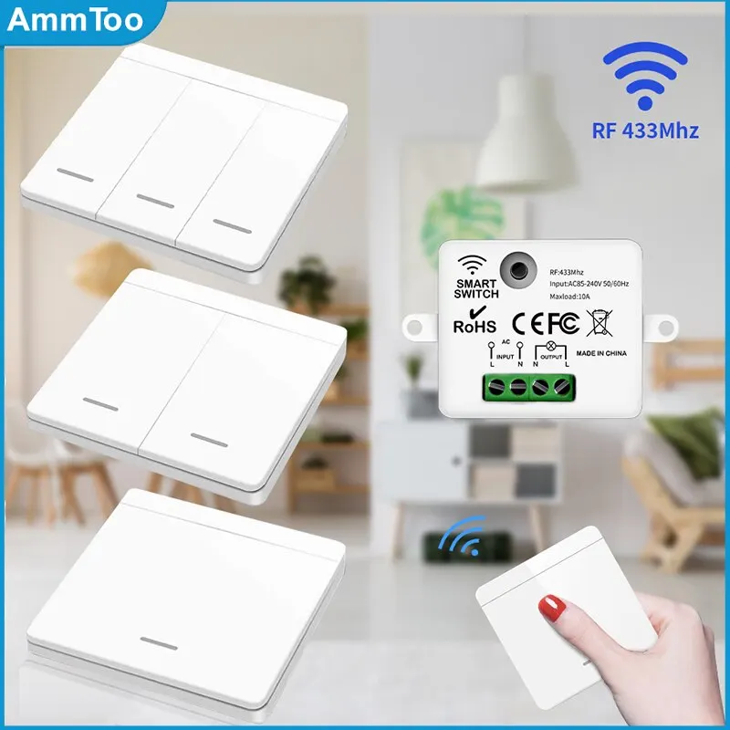 Interruptor de luz inalámbrico con Control remoto para lámpara LED, dispositivo inteligente de iluminación de pared, 433MHz, 1/2/3 entradas, 10A, 110V, 220V
