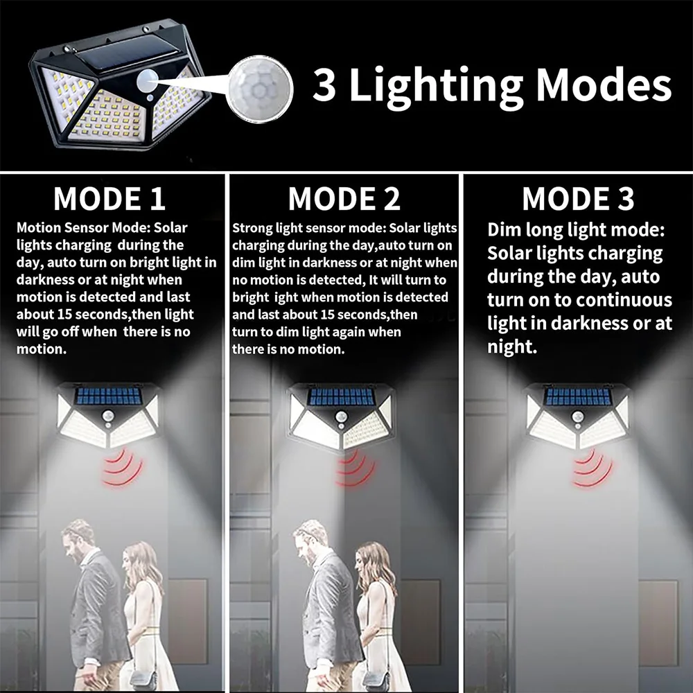 1/2Pcs 100 LED Wall Lights Outdoor Solar Lamp PIR Motion Sensor Solar Powered Sunlight Street Light for Garden Decoration