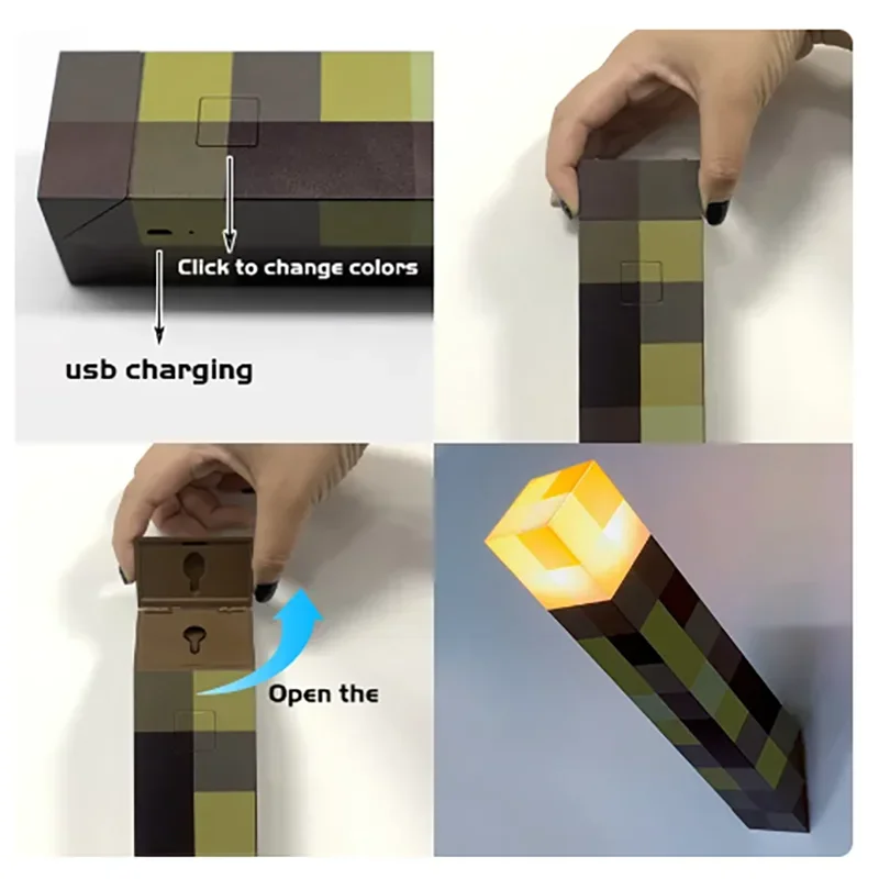 MC Game Brownstone lámpara de antorcha LED 8 colores luz de noche LED lámpara de mesa decorativa para dormitorio carga USB con hebilla juguetes para niños regalos