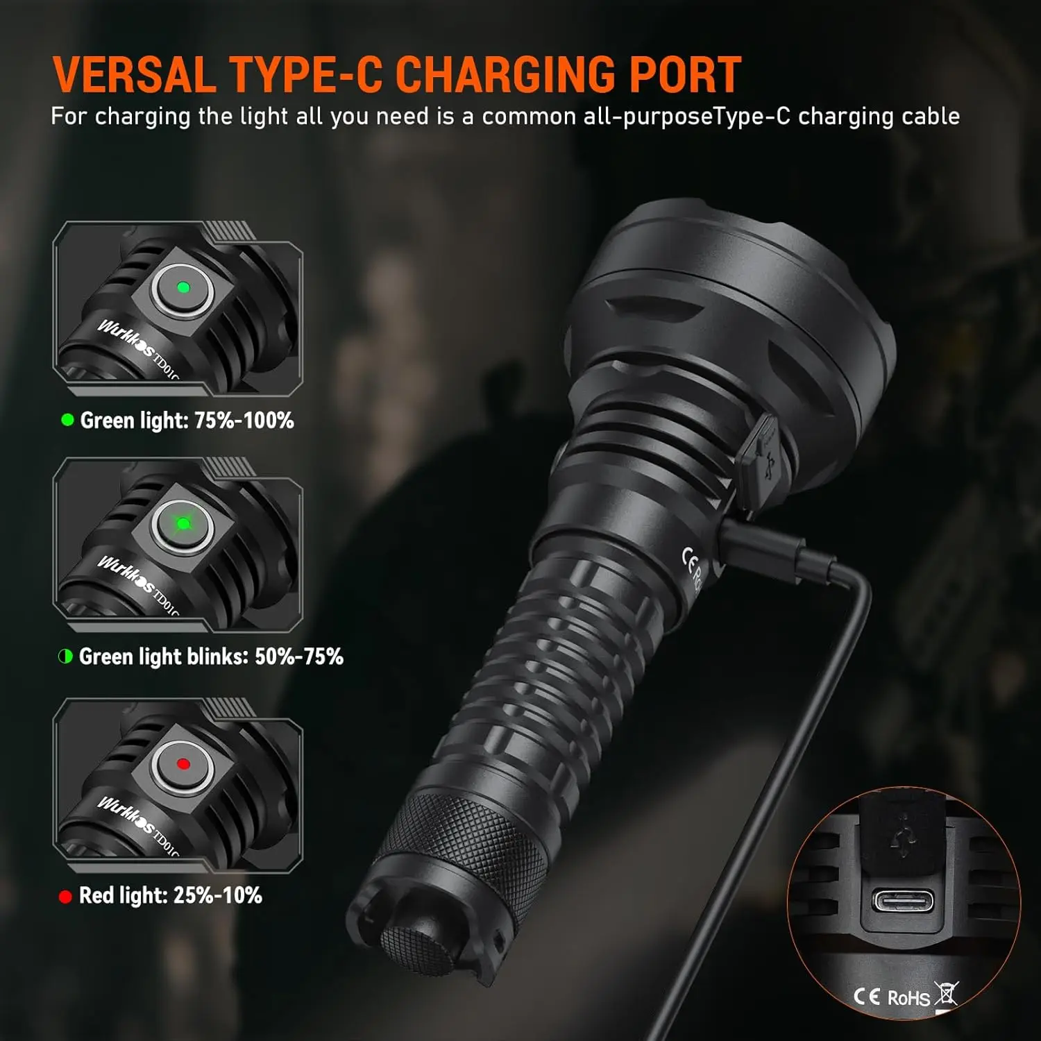 Wurkkos TD01C 21700 Rechargeable Tactical Flashlight LED USB-C 1800Lm Torch Buck Driver Throw 1000M IPX8 Waterproof Tail Switch