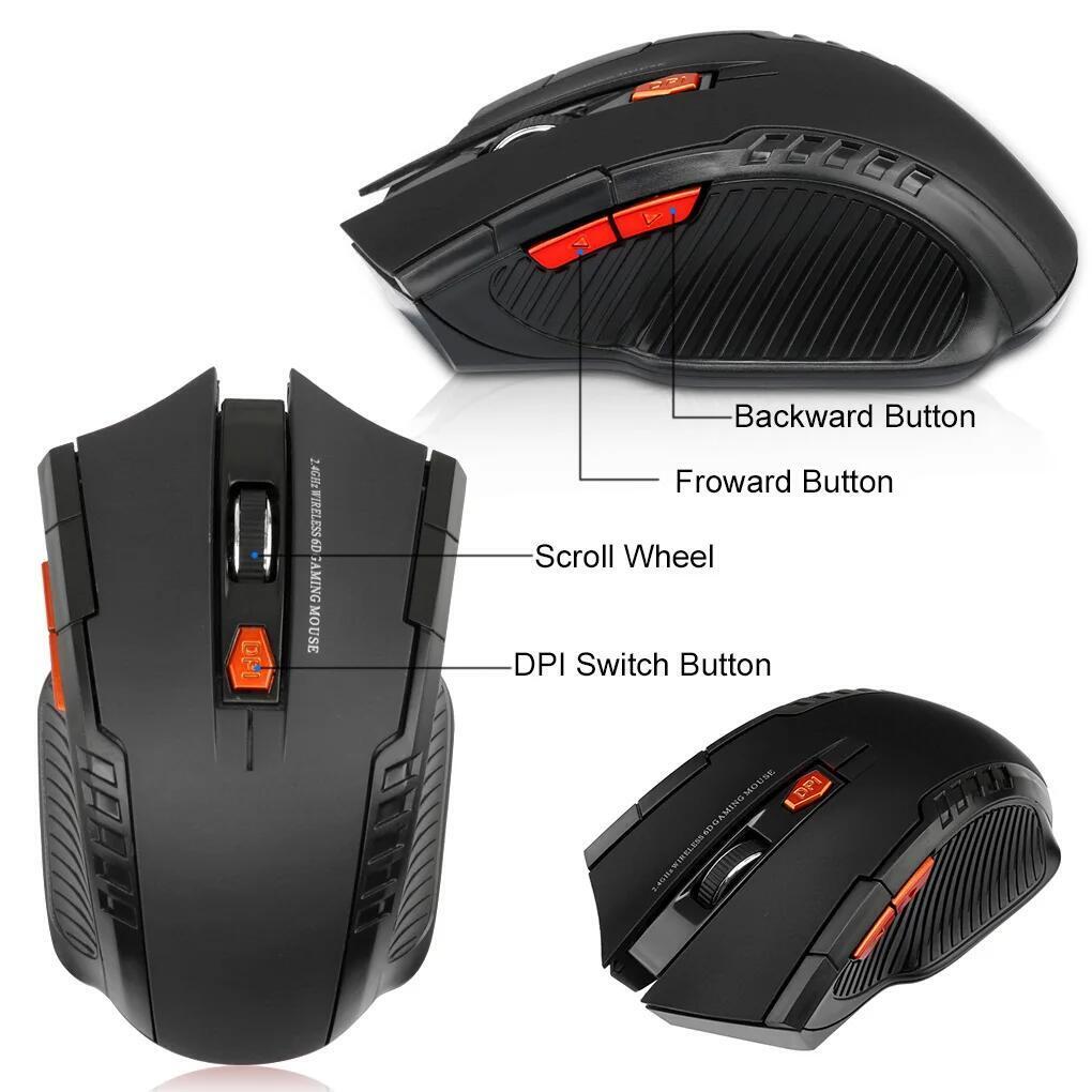 Mouse óptico sem fio com receptor USB, 6 botões, 2.4G, 1600DPI, apto para computador gamer, PC, acessórios portáteis