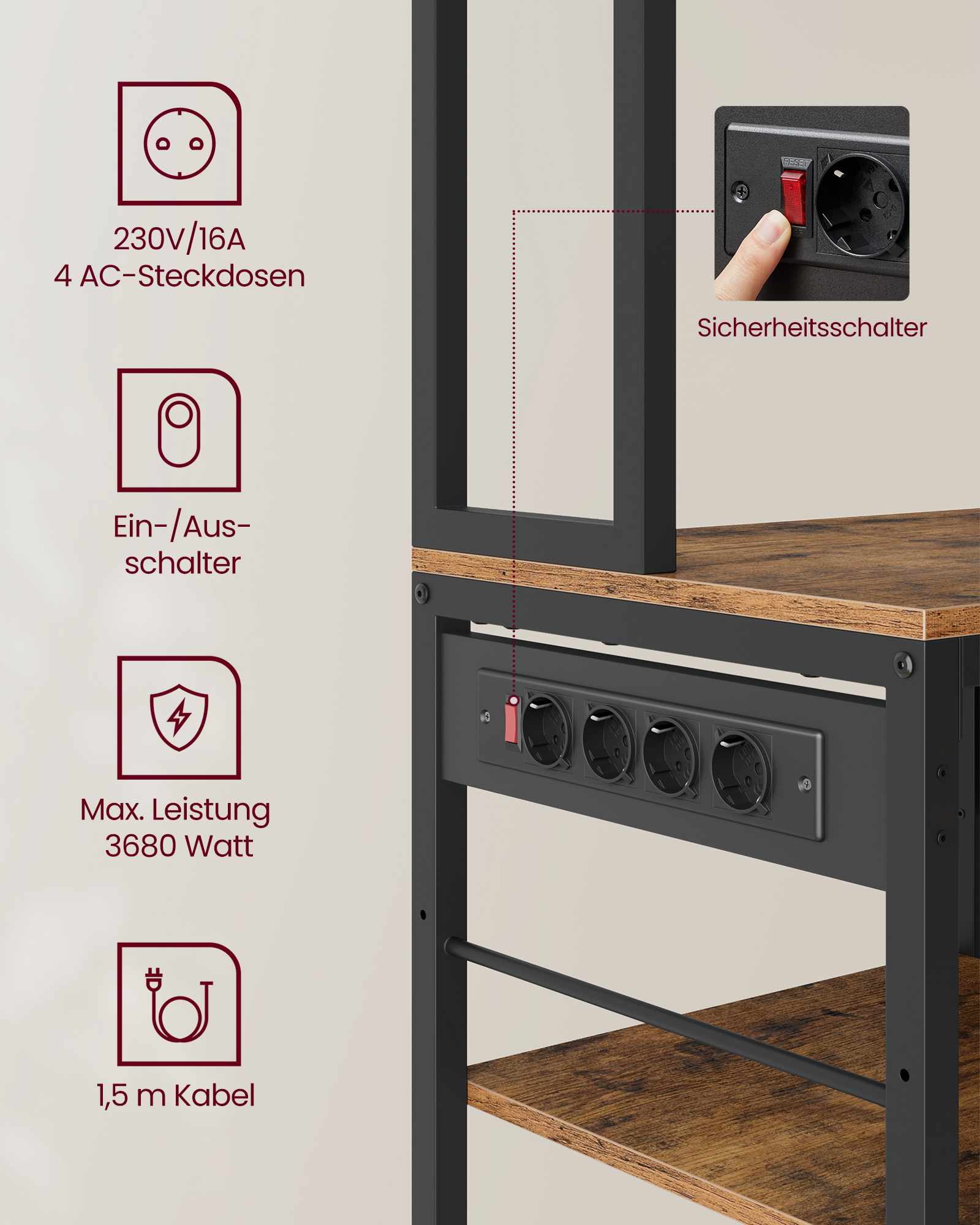 VASAGLE stopcontacten keukenplank standaard rek magnetronplank verstelbare planken stoffen lade