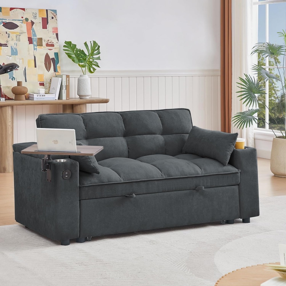 65'' 3-in-1 Folding Convertible Sofa Bed, Queen Size Pullout Sofa, Modern Chenille Fabric, 360° Swivel Side Table, Easy Assembly