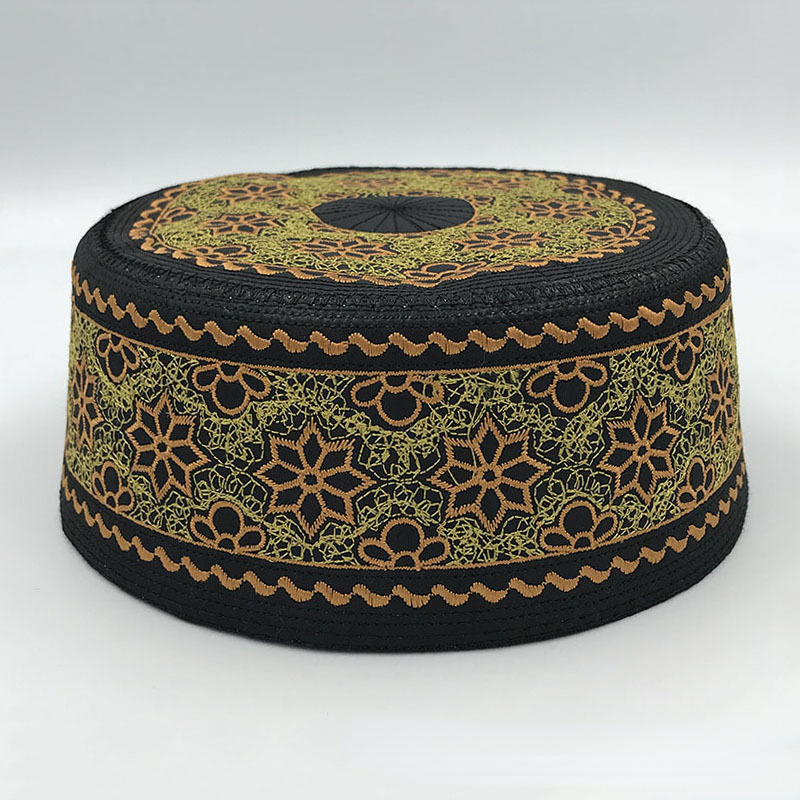 イスラム教徒の男性の着用帽子、刺繍された青い花のフラットトップ、ラウンドエッジ、huiパフォーマンスハット、islamキャップ、kufiの祈り