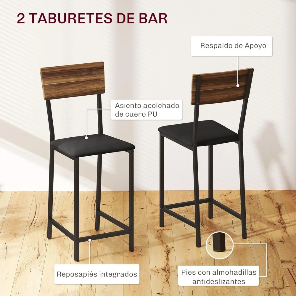 Juego de mesa de bar y taburetes Mesa de cocina alta con 2 taburetes laterales plegables, estante para vino y estante, estilo industrial marrón y negro