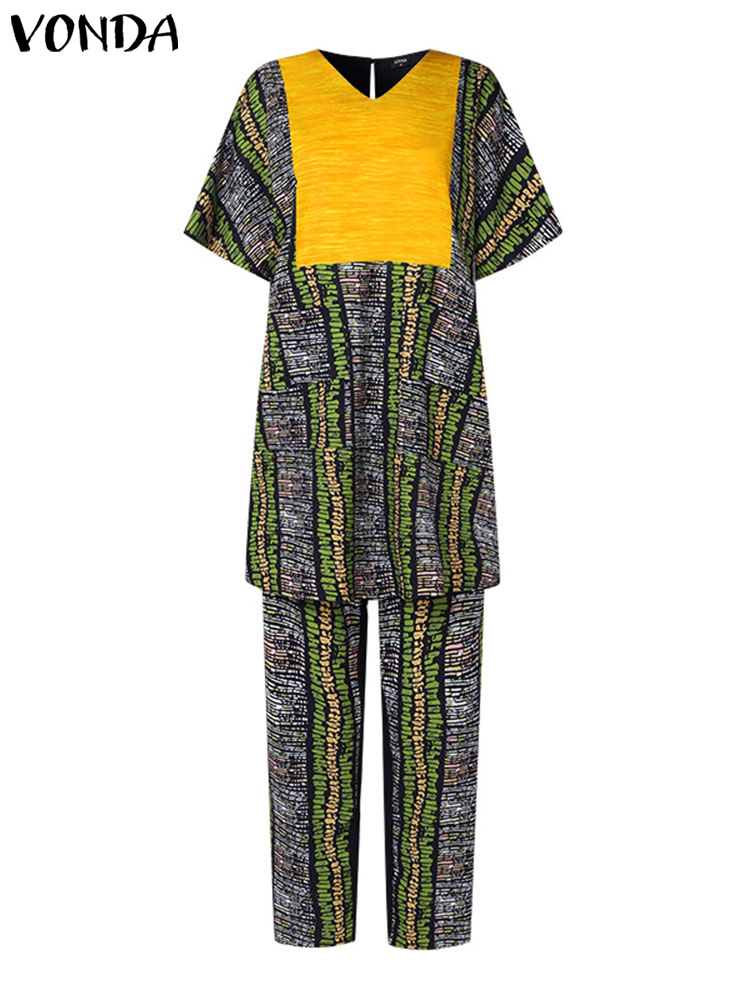 Vonda-Conjuntos elegantes de calças femininas, patchwork impresso, tops vintage, calças de perna larga, conjuntos combinando, plus size, 5XL, 2024