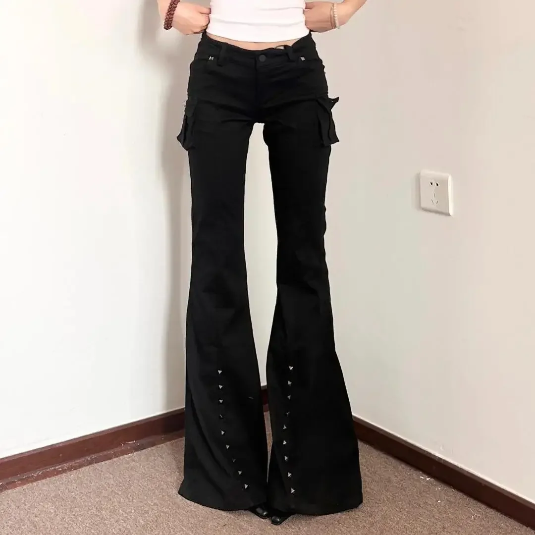 Pantalones vaqueros acampanados con diseño de tachuelas góticas Harajuku Y2K High Street para mujer, Pantalones vaqueros Vintage de tiro bajo, Pantalones góticos de los años 2000