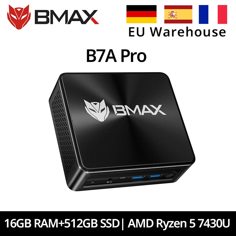 BMAX B7A Pro Mini Pc AMD Ryzen 5 7430U Processore AMD Radeon Grafica 16 GB di RAM 512 GB SSD Windows 11 USB HDMI Tipo-C mini pc