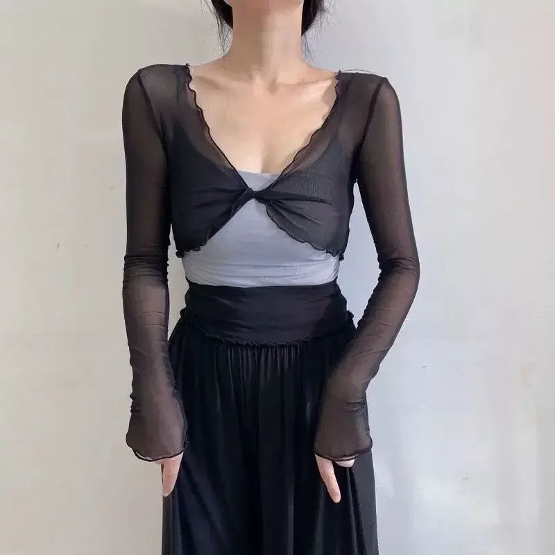 Mode Elegante Frauen Sexy Durchsichtig Solide Strickjacken Langarm Mesh Vintage Spitze Up Crop Tops Streetwear Kurze Strickjacken