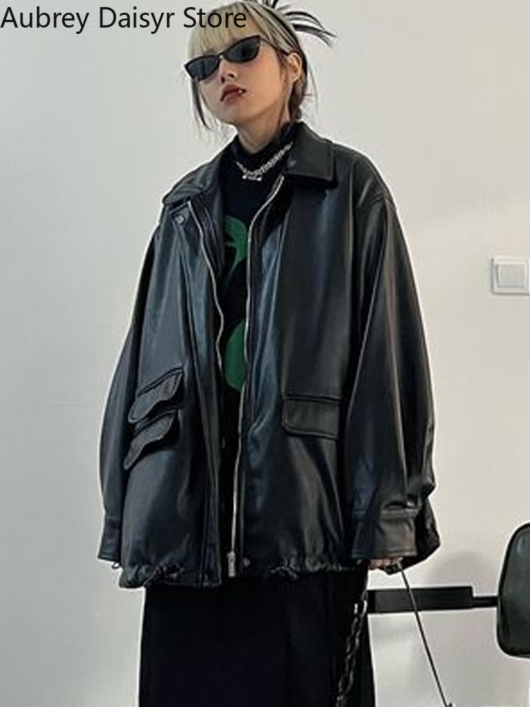女性用ジッパー付きレザージャケット,ストリートウェア,ブラック,パンク,バイカー,ストリート,ヴィンテージ,カジュアル,2023