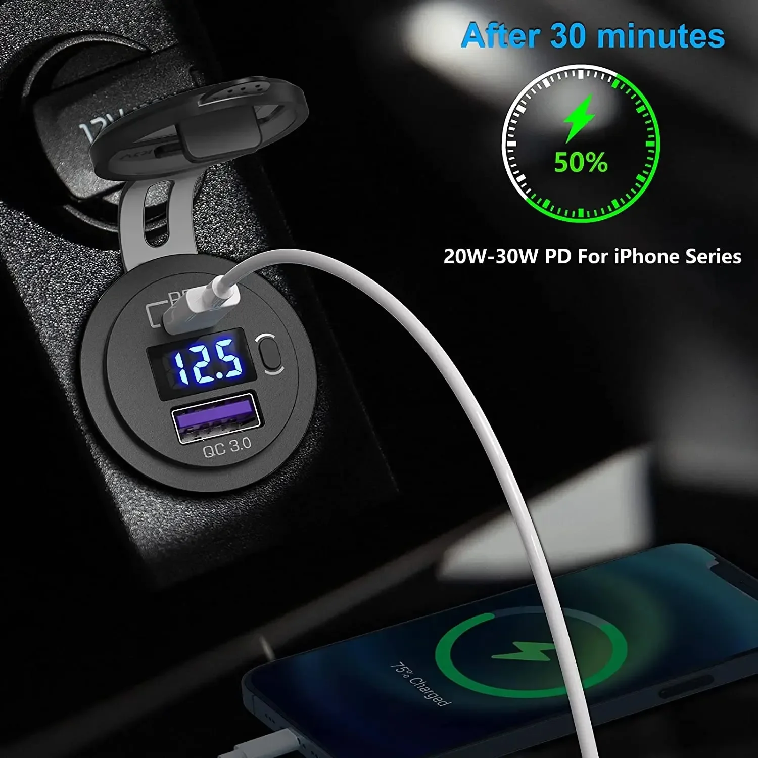 Soquete usb c para carregador de carro, 12v/24v, tomada usb dupla pd3.0 e qc3.0, porta usb para carro com voltímetro led e interruptor liga/desliga