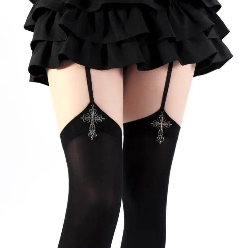 Calcetines con tirantes para mujer, decoración cruzada con personalidad, Color sólido, fino hasta el muslo, Cosplay de Anime Lolita, medias góticas por encima de la rodilla