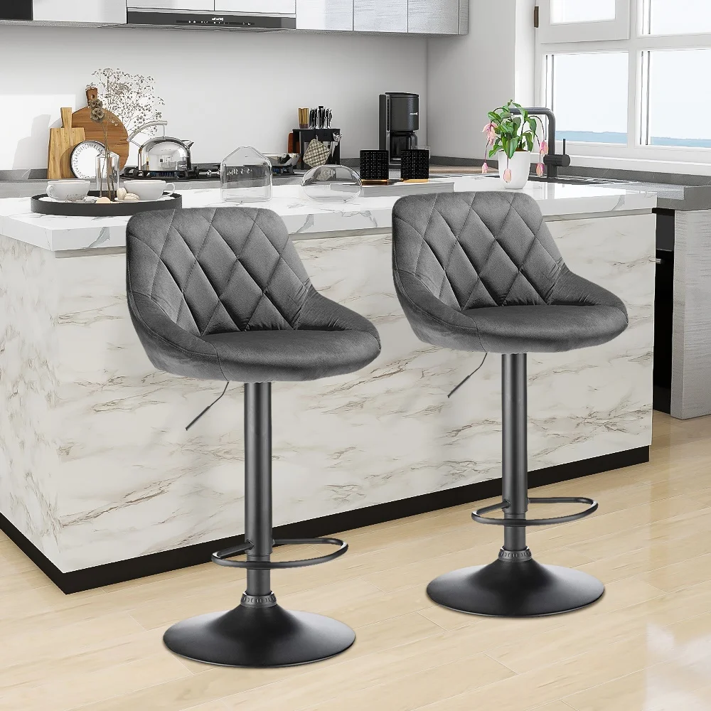 Set di 2 sgabelli da bar in velluto. Sedia da cucina dal design moderno con sedile regolabile in altezza, 360 °   Girevole e poggiapiedi