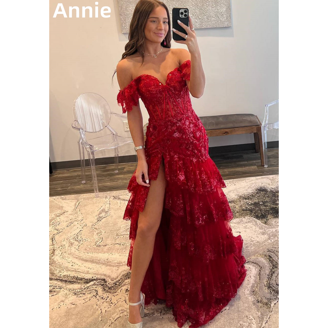 Annie-vestidos De fiesta De novia rojos, vestidos De noche De lentejuelas De sirena De lujo, vestido Formal De fiesta De boda, batas De Soirée personalizadas