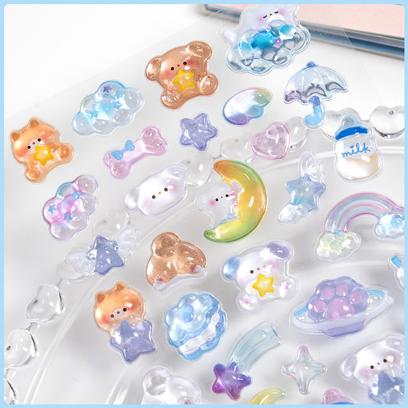 300 Stuks Kawaii Cartoon 3D Relief Sticker Leuke Crystal Jelly Patch voor Mobiele Telefoon Case Spiegel Scrapbook Journal Animal Deco