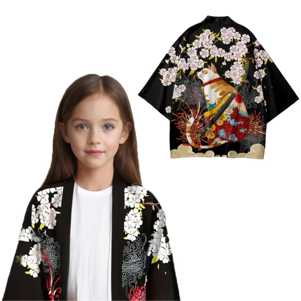 Lato Harajuku słodki kociak z nadrukiem dzieci Kimono chłopcy dziewczęta w stylu Casual, kwiatowy samurajski wzór kota plaża japońskie kimono Haori sweter