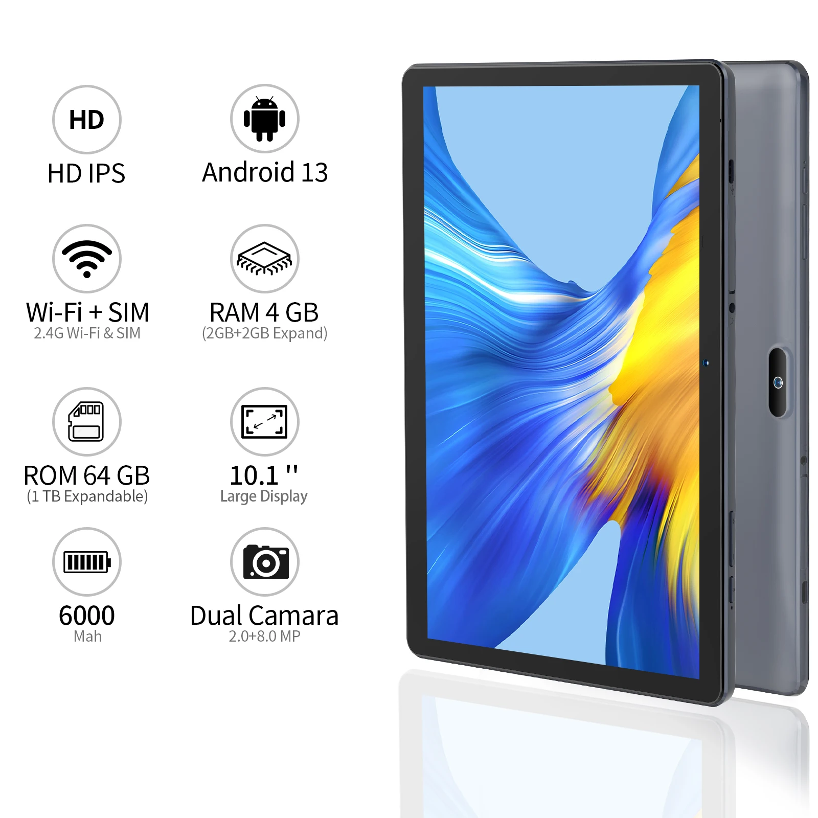 PRITOM 10,1-Zoll-Tablet-PC Android 13 4 GB (2+2 VIRTUAL)) 64 GB Quad Core Bluetooth WiFi mit 3G-SIM-Kartensteckplatz