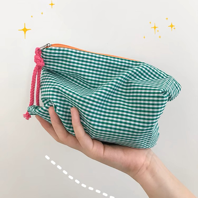 Bolsa de almacenamiento portátil de gran capacidad, bolsa de maquillaje a cuadros a la moda para mujeres y niñas, bolsa de cosméticos de algodón y lino con cremallera, Simple