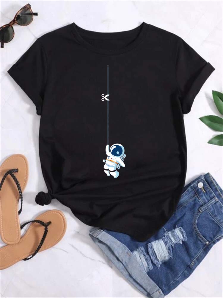 Maycaur Tシャツ女性ムーンプラネットプリントファッション Tシャツカジュアルラウンドネック半袖ストリート女性 Tシャツヴィンテージトップス
