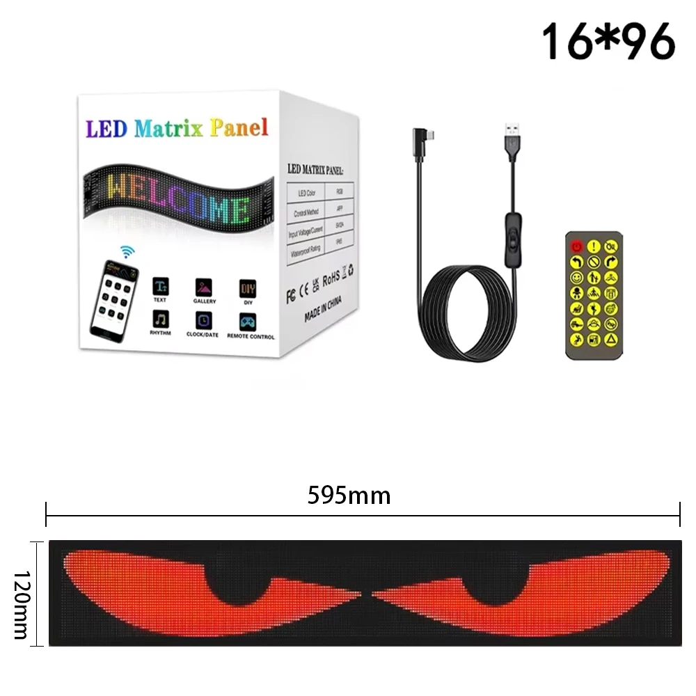 Panel de luz LED de píxeles de matriz, aplicación Bluetooth, 5V, Control USB, desplazamiento, publicidad, letrero LED para coche, animación programable para coche Sho
